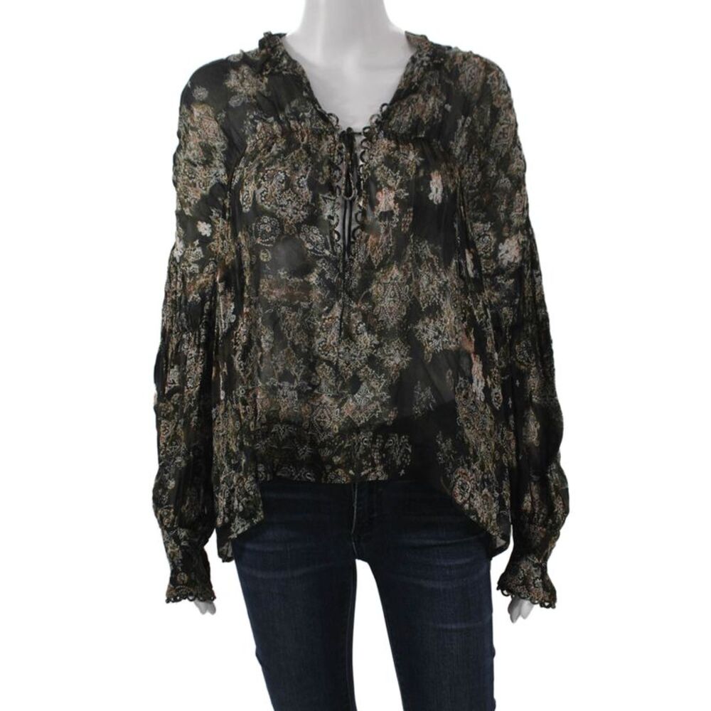 IRO Women Tunic Multicolor Paisley V-Neck Lace Up Viscose Long Sleeve Size 36